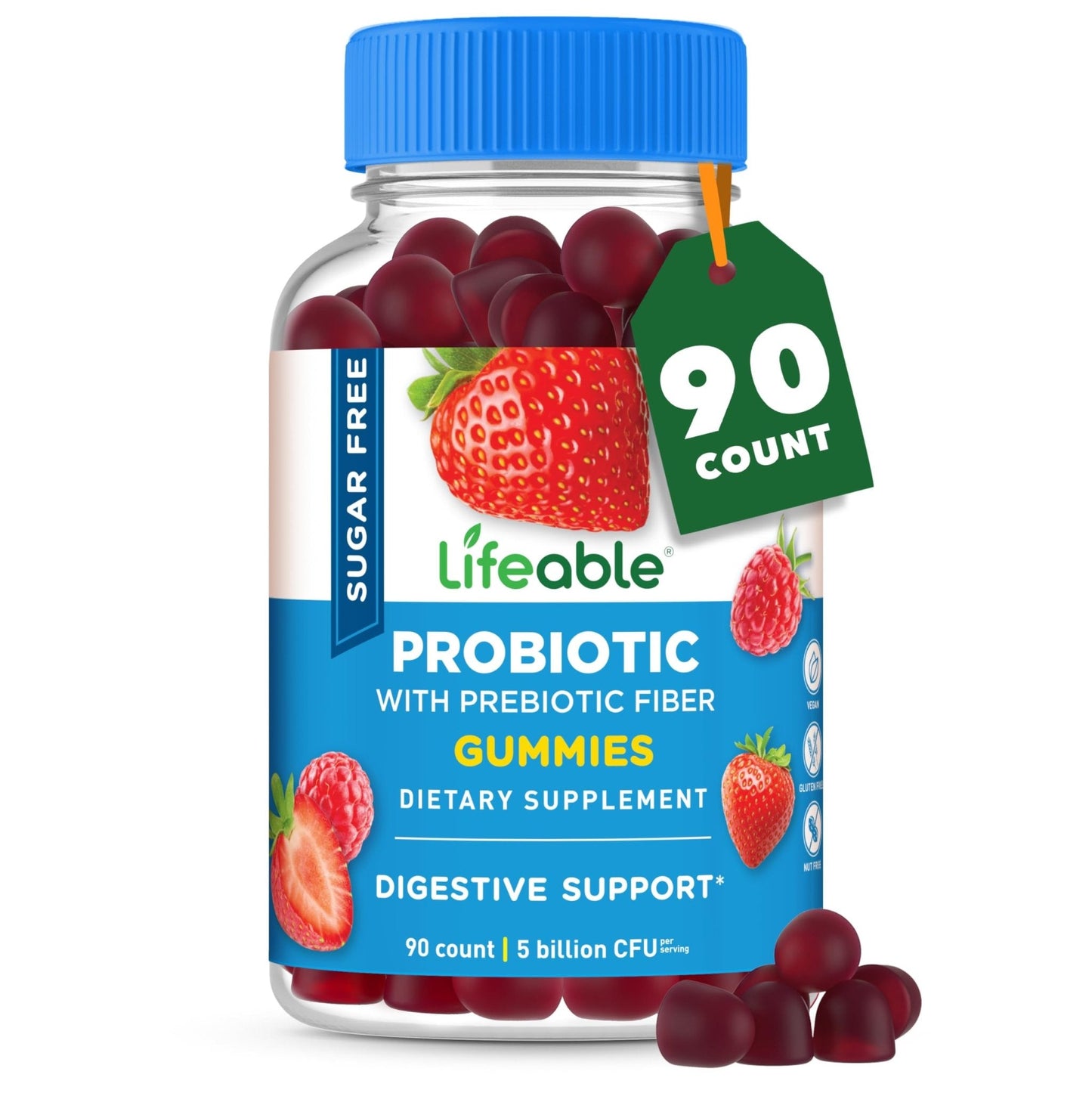 Lifeable Sugar Free Probiotics with Prebiotics Fiber – Great Tasting Natural Flavor Gummy Supplement – Keto Friendly Chewable – for Gut Health and Immune Support - Maple Wellness Supplements