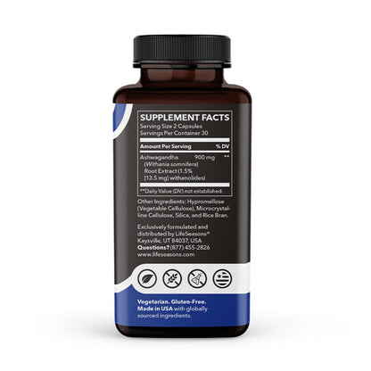 LifeSeasons Essentials Ashwagandha - Stress & Sleep Support Supplement - Calm & Focused Mind - Improves Athletic Performance & Brain Function - 900mg per 2 Capsules - 60 Capsules - Maple Wellness Supplements
