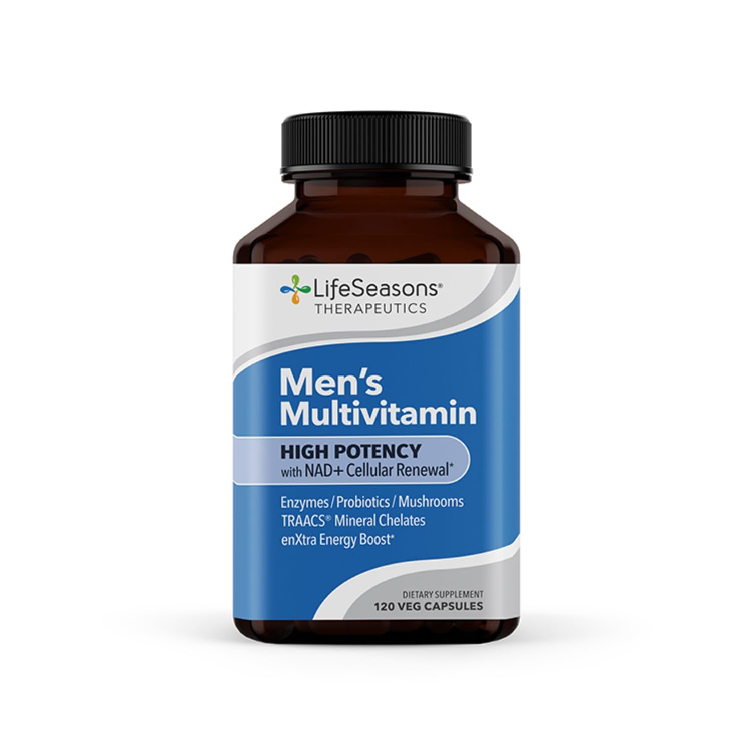 LifeSeasons Men's Multivitamin – High Potency with 21 Vitamins & Minerals, PureWay-C®, NAD+, Active B-Vitamins, TRAACS® Chelates, enXtra® for Energy, Probiotics & Mushrooms – 120 Veg Capsules - Maple Wellness Supplements