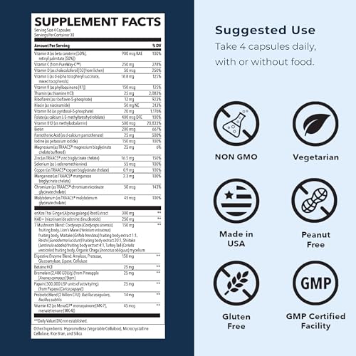 LifeSeasons Men's Multivitamin – High Potency with 21 Vitamins & Minerals, PureWay-C®, NAD+, Active B-Vitamins, TRAACS® Chelates, enXtra® for Energy, Probiotics & Mushrooms – 120 Veg Capsules - Maple Wellness Supplements