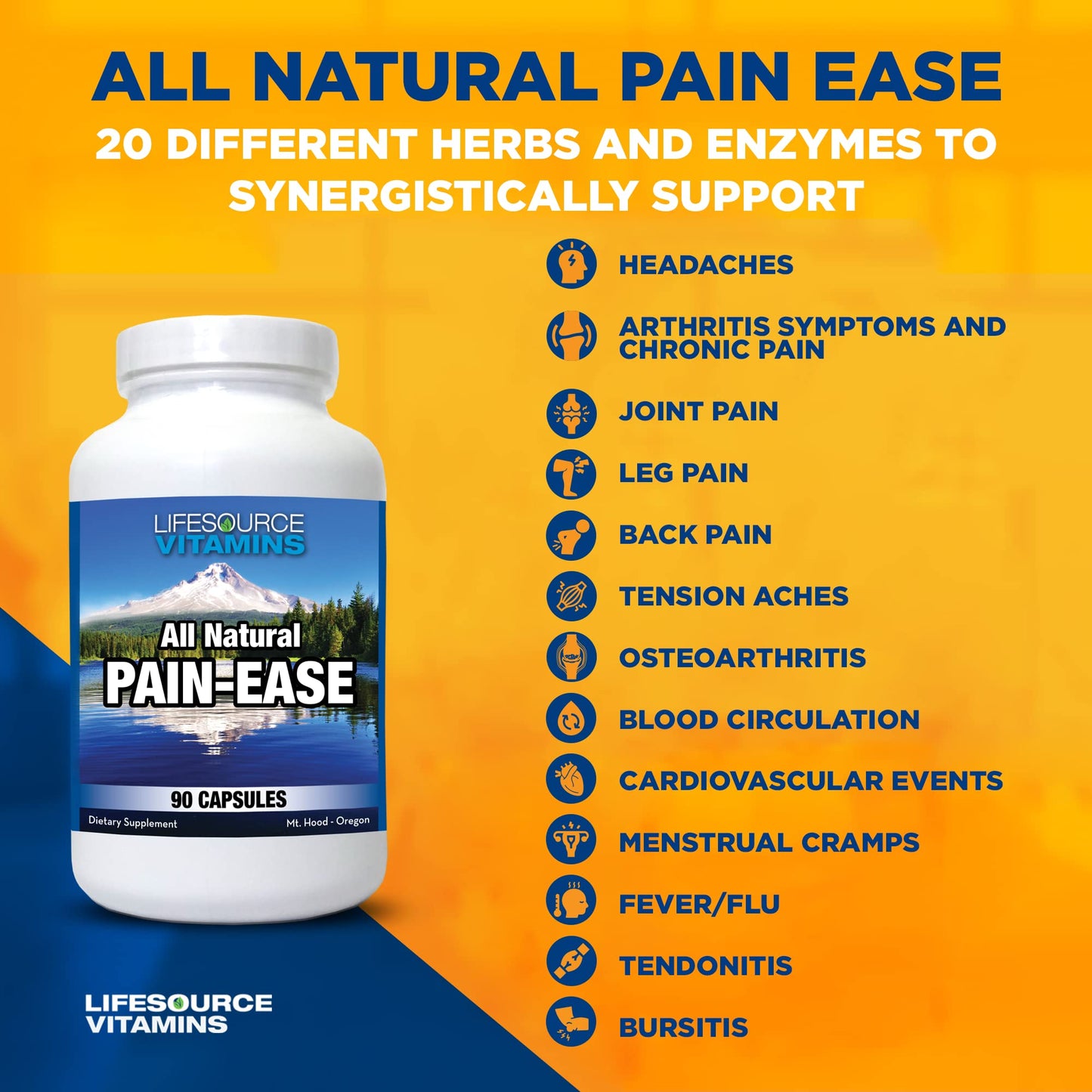 LifeSource Vitamins All Natural Pain Ease – 20 Synergistic Herbs and Enzymes That Naturally & Safely Support: Headaches & Migraines - Knees – Shoulders – Joints – Leg Pain – Tension - Maple Wellness Supplements
