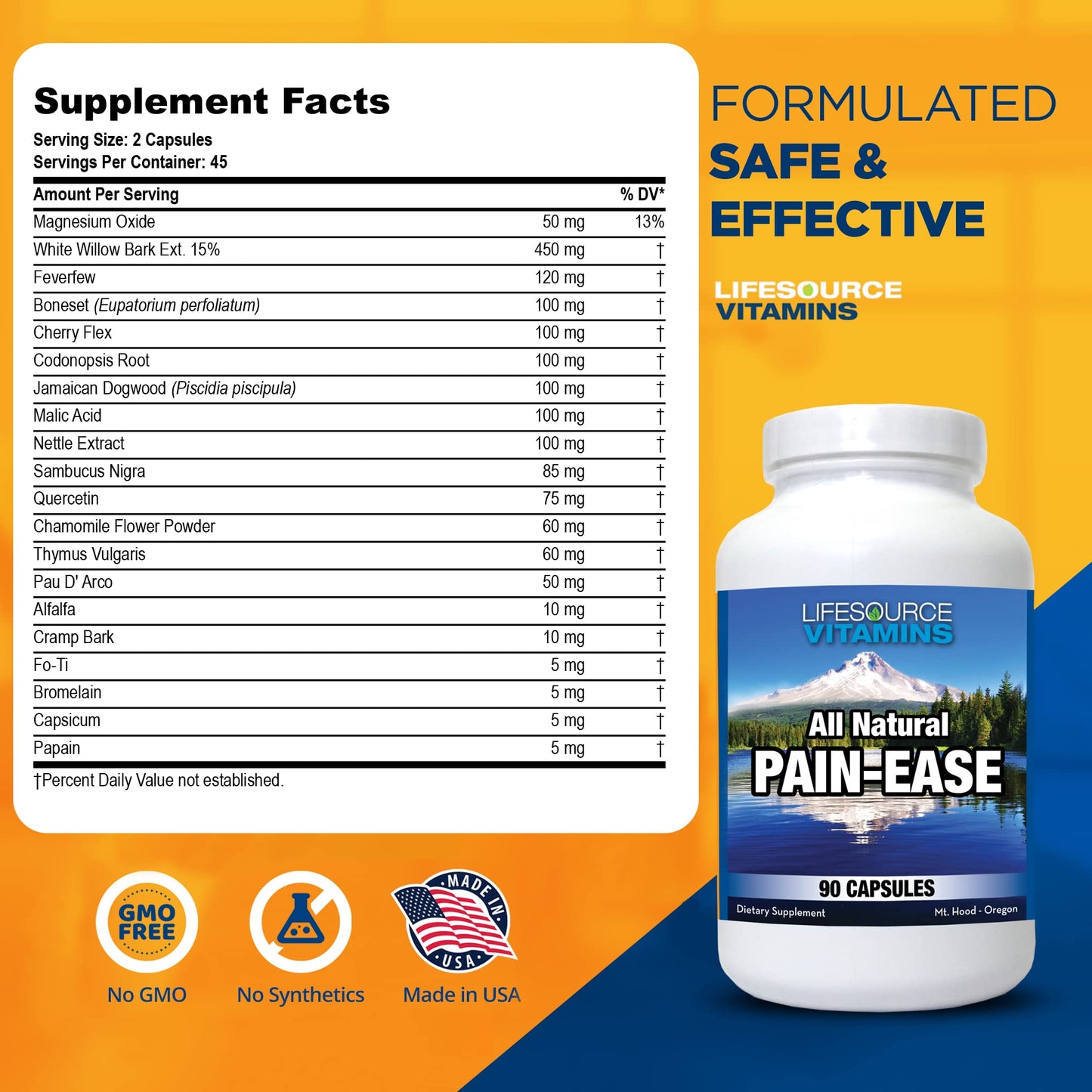 LifeSource Vitamins All Natural Pain Ease – 20 Synergistic Herbs and Enzymes That Naturally & Safely Support: Headaches & Migraines - Knees – Shoulders – Joints – Leg Pain – Tension - Maple Wellness Supplements