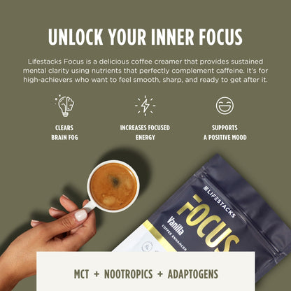 LIFESTACKS Focus Coffee Creamer for Energy & Clarity - MCT Powder + Nootropics + Adaptogens - Boost Productivity Without Jitters or Crash - Keto, Vegan, 0 Sugar - with Taurine, L-Tyrosine, Rhodiola - Maple Wellness Supplements