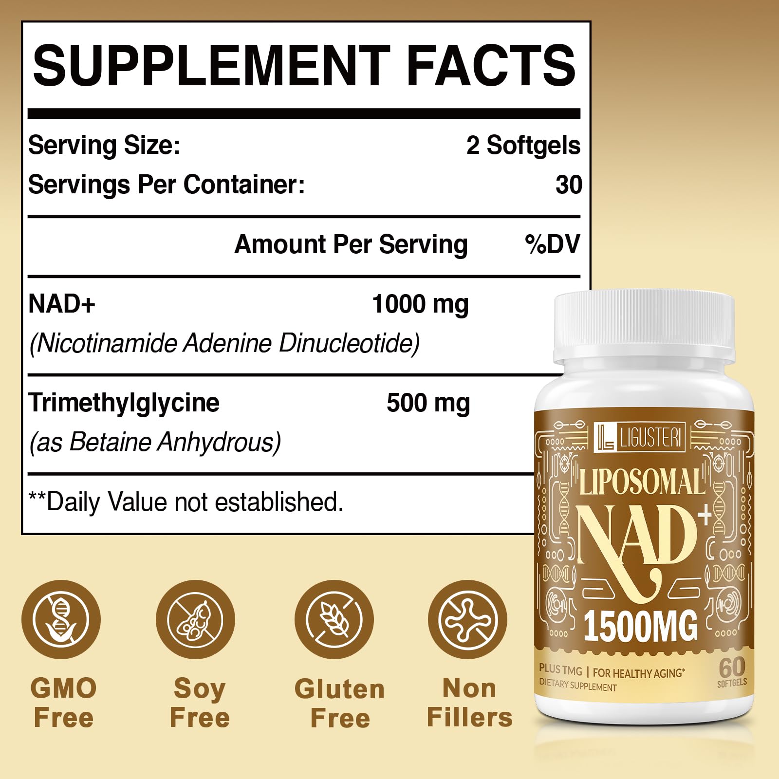 LIGUSTERI 1500 MG Liposomal NAD+, 98%+ Absorption, NAD+ Supplement for Women & Men with TMG, for Aging Defense, Cellular Energy, Heart & Brain Function, Longevity, 120 Softgels - Maple Wellness Supplements