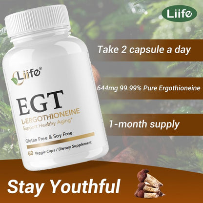 LIIFE L-Ergothioneine Supplement (EGT) 30mg,Compound Antioxidant Supplement (May Support Longevity and Healthy Aging) Promotes Skin Health，60 Capsules，Non-GMO, Gluten Free, Vegan Safe - Maple Wellness Supplements