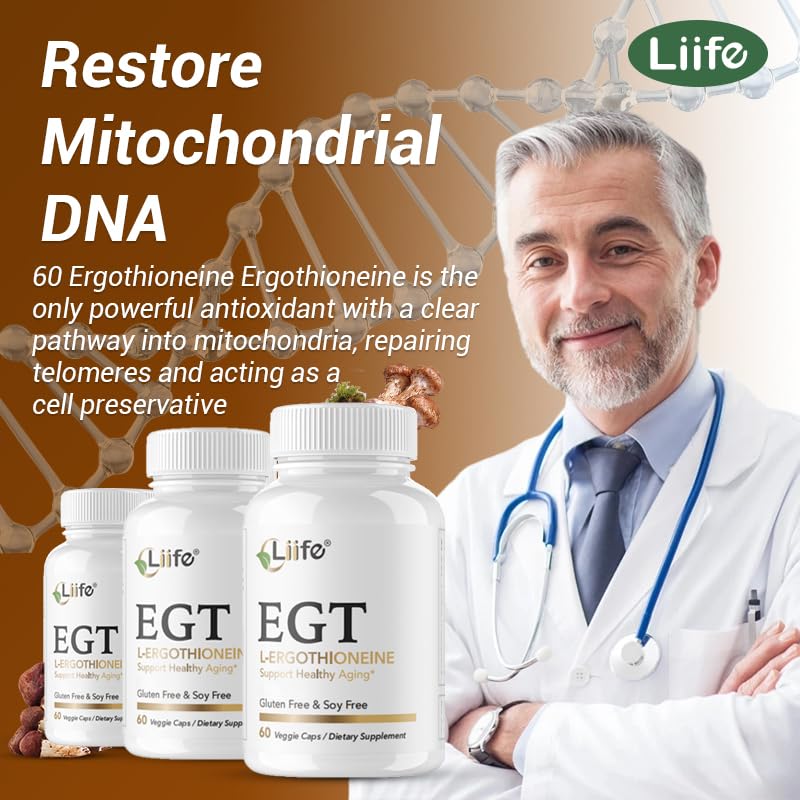 LIIFE L-Ergothioneine Supplement (EGT) 30mg,Compound Antioxidant Supplement (May Support Longevity and Healthy Aging) Promotes Skin Health，60 Capsules，Non-GMO, Gluten Free, Vegan Safe - Maple Wellness Supplements