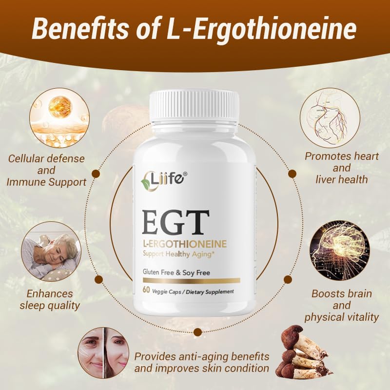 LIIFE L-Ergothioneine Supplement (EGT) 30mg,Compound Antioxidant Supplement (May Support Longevity and Healthy Aging) Promotes Skin Health，60 Capsules，Non-GMO, Gluten Free, Vegan Safe - Maple Wellness Supplements