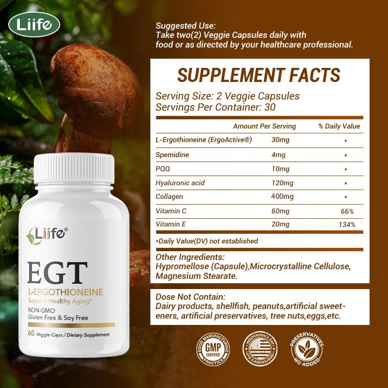 LIIFE L-Ergothioneine Supplement (EGT) 30mg,Compound Antioxidant Supplement (May Support Longevity and Healthy Aging) Promotes Skin Health，60 Capsules，Non-GMO, Gluten Free, Vegan Safe - Maple Wellness Supplements