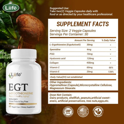 LIIFE L-Ergothioneine Supplement (EGT) 30mg,Compound Antioxidant Supplement (May Support Longevity and Healthy Aging) Promotes Skin Health，60 Capsules，Non-GMO, Gluten Free, Vegan Safe - Maple Wellness Supplements