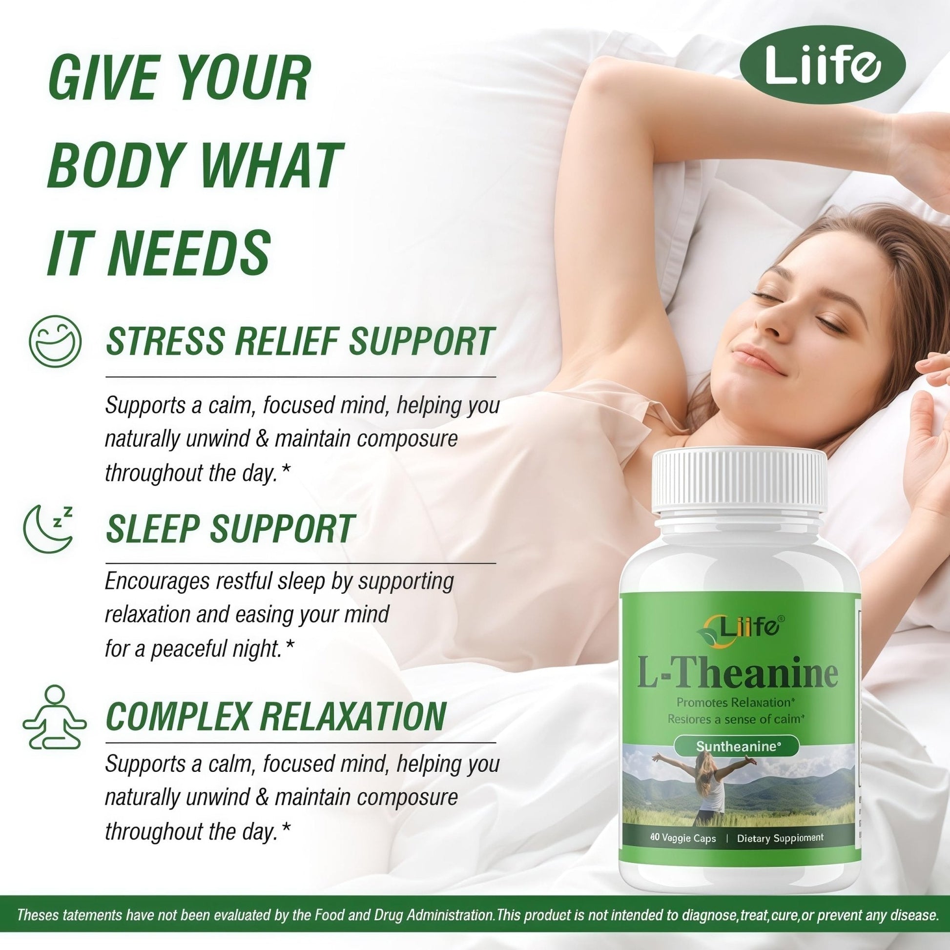 LIIFE L-Theanine (Suntheanine®) with GABA– 60 Veggie Capsules Support with Magnesium & Black Pepper for a Healthy Stress Response, Relaxation, and Focus Increases Brain Alpha-Wave Production* - Maple Wellness Supplements