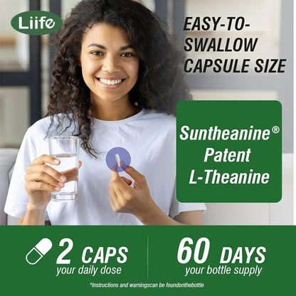 LIIFE L-Theanine (Suntheanine®) with GABA– 60 Veggie Capsules Support with Magnesium & Black Pepper for a Healthy Stress Response, Relaxation, and Focus Increases Brain Alpha-Wave Production* - Maple Wellness Supplements