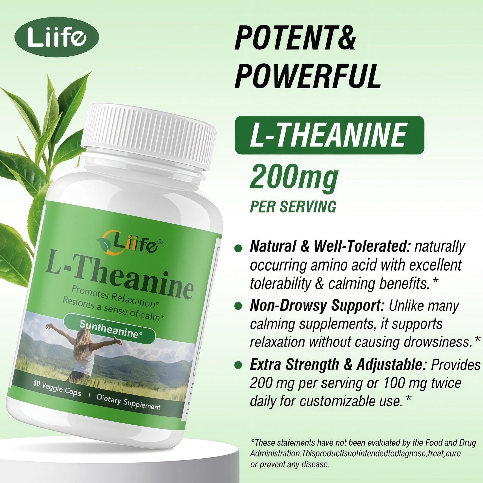 LIIFE L-Theanine (Suntheanine®) with GABA– 60 Veggie Capsules Support with Magnesium & Black Pepper for a Healthy Stress Response, Relaxation, and Focus Increases Brain Alpha-Wave Production* - Maple Wellness Supplements