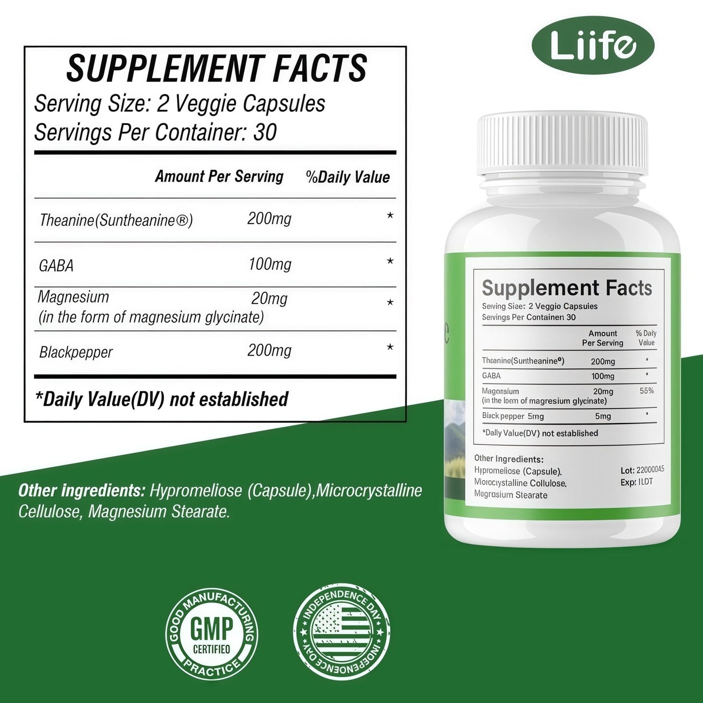 LIIFE L-Theanine (Suntheanine®) with GABA– 60 Veggie Capsules Support with Magnesium & Black Pepper for a Healthy Stress Response, Relaxation, and Focus Increases Brain Alpha-Wave Production* - Maple Wellness Supplements