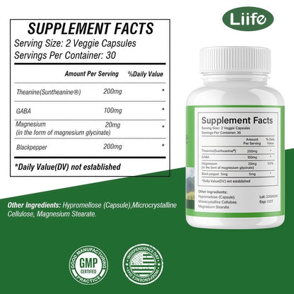 LIIFE L-Theanine (Suntheanine®) with GABA– 60 Veggie Capsules Support with Magnesium & Black Pepper for a Healthy Stress Response, Relaxation, and Focus Increases Brain Alpha-Wave Production* - Maple Wellness Supplements