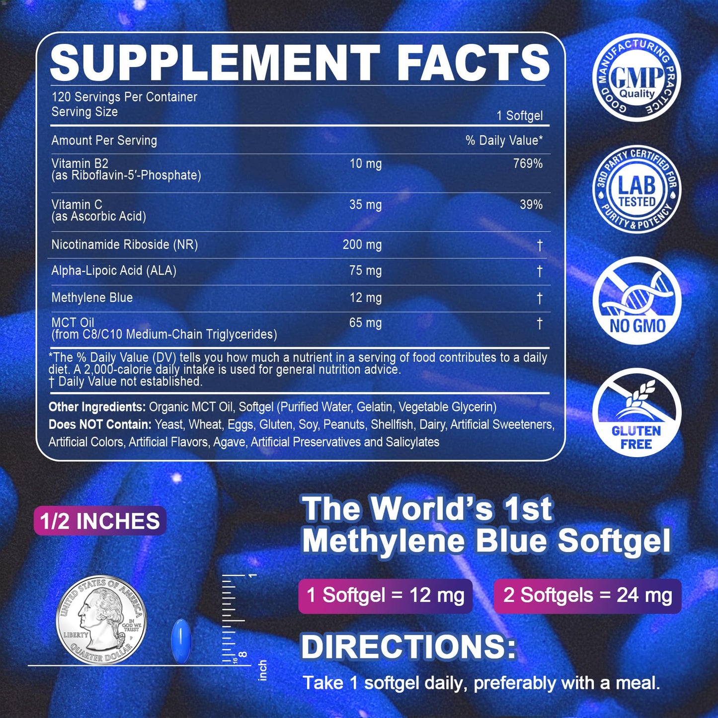 LILICARE Advanced 12mg Methylene Blue Softgels for Humans | Upgraded Brain & Cellular Energy Supplement with CoQ10, NR & ALA | High Absorption Formula, Non-GMO, Mitochondrial & ATP Support, 120 Cts - Maple Wellness Supplements