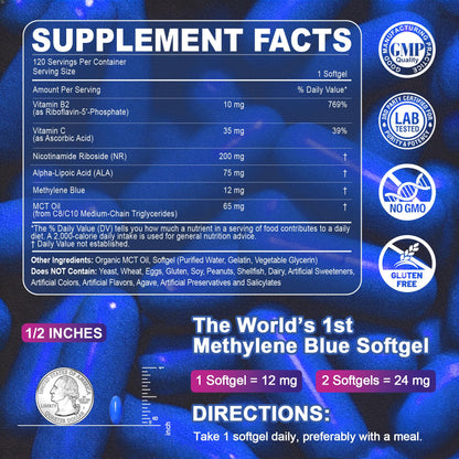 LILICARE Advanced 12mg Methylene Blue Softgels for Humans | Upgraded Brain & Cellular Energy Supplement with CoQ10, NR & ALA | High Absorption Formula, Non-GMO, Mitochondrial & ATP Support, 120 Cts - Maple Wellness Supplements