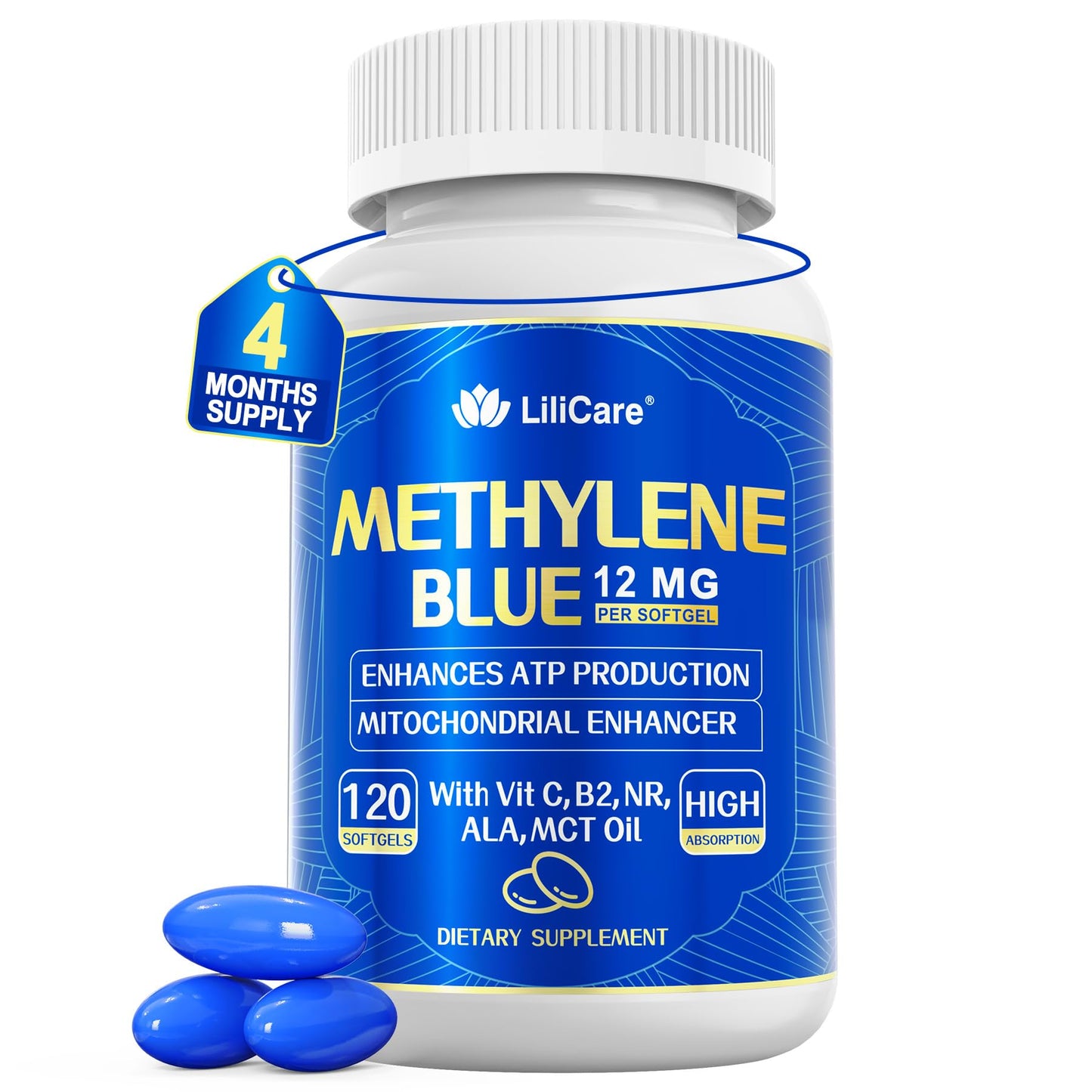 LILICARE Advanced 12mg Methylene Blue Softgels for Humans | Upgraded Brain & Cellular Energy Supplement with CoQ10, NR & ALA | High Absorption Formula, Non-GMO, Mitochondrial & ATP Support, 120 Cts - Maple Wellness Supplements