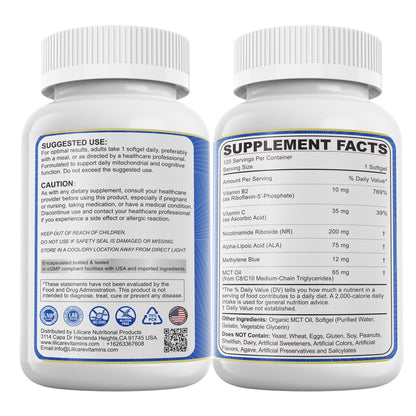 LILICARE Advanced 12mg Methylene Blue Softgels for Humans | Upgraded Brain & Cellular Energy Supplement with CoQ10, NR & ALA | High Absorption Formula, Non-GMO, Mitochondrial & ATP Support, 120 Cts - Maple Wellness Supplements