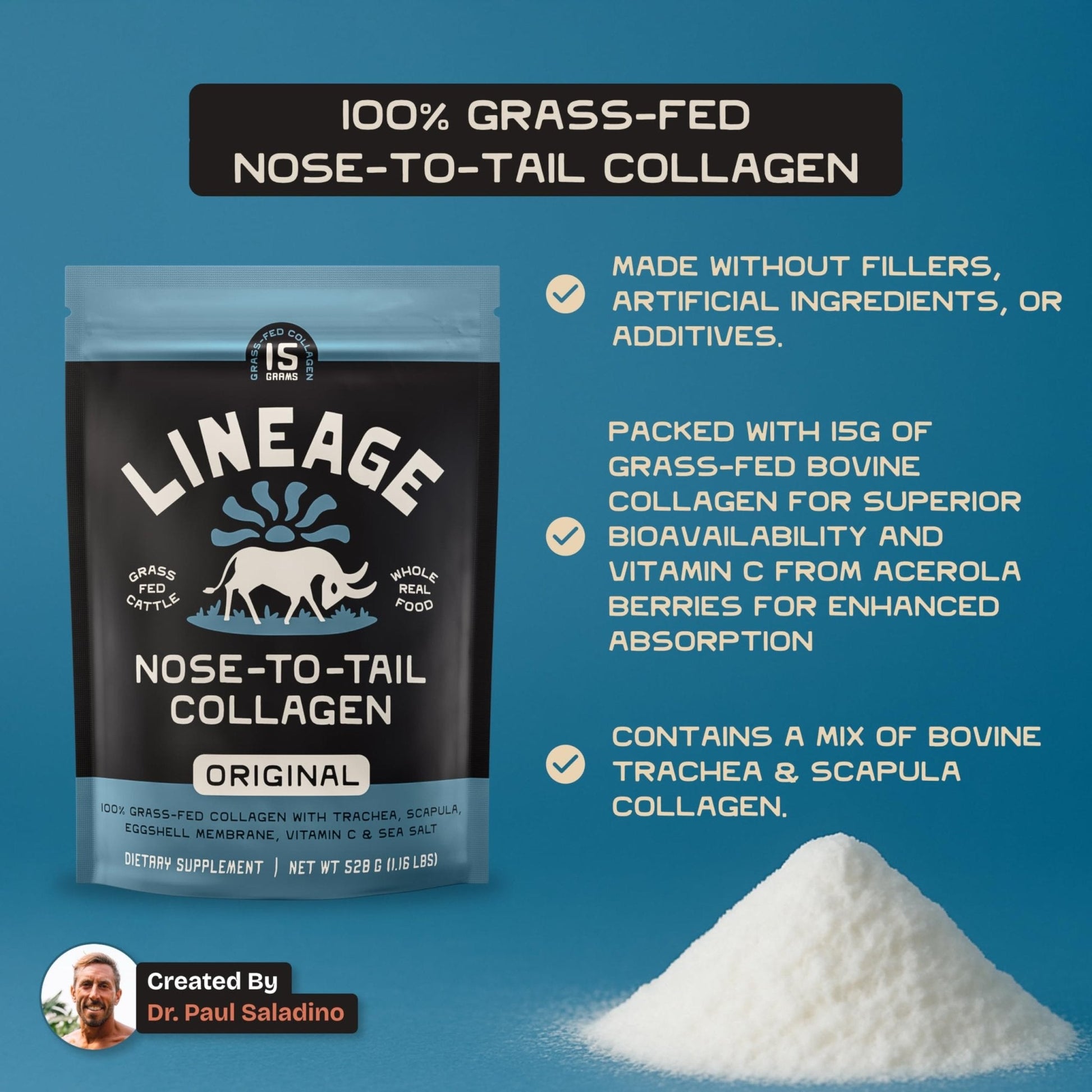 Lineage Provisions 100% Grass Fed Collagen Powder UNFLAVORED – Hydrolyzed Bovine Collagen Peptides with Trachea, Scapula, Eggshell Membrane – Collagen Protein Powder with Vitamin C – 30 Servings - Maple Wellness Supplements
