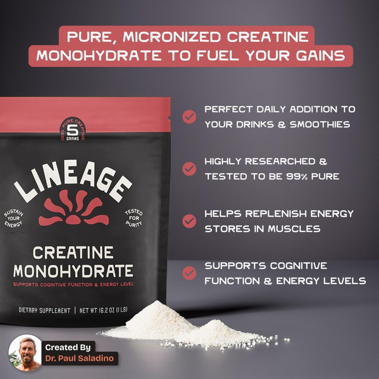 Lineage Provisions Micronized Creatine Monohydrate with Sea Salt - Micronized Creatine Powder for Training & Performance - Maple Wellness Supplements