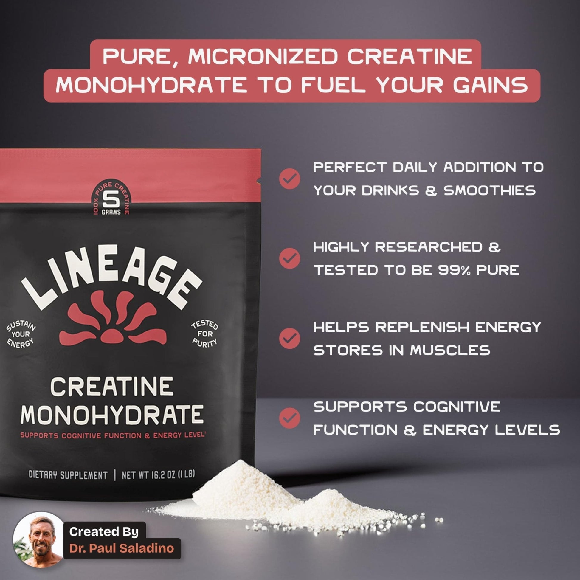 Lineage Provisions Micronized Creatine Monohydrate with Sea Salt - Micronized Creatine Powder for Training & Performance - Maple Wellness Supplements