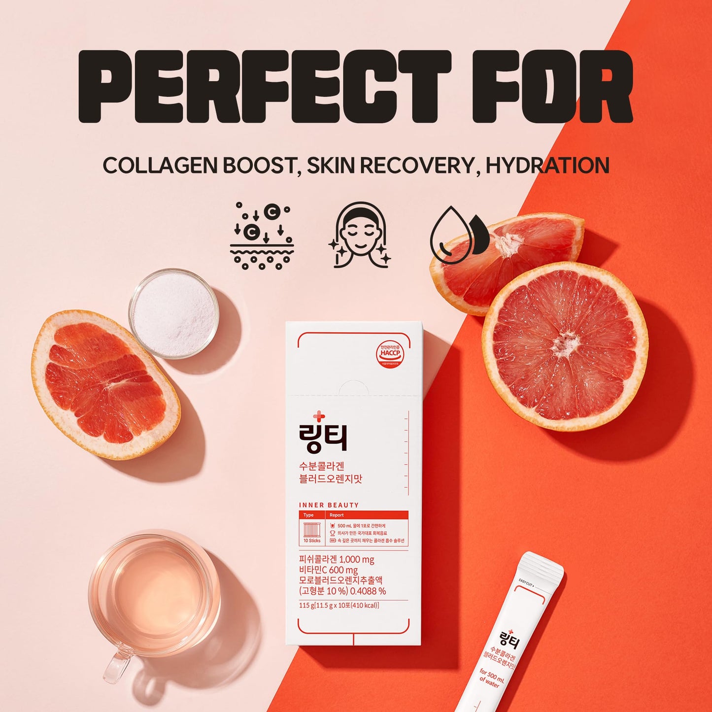 LINGTEA Doctor Developed Hydration Aqua Collagen Drink Mix -Blood Orange Flavor | 1,000mg Ultra-Micro Collagen | Maximum Absorption | Rapid Hydration | Vitamin C | Anti-Aging | Skin Health | 10 Count - Maple Wellness Supplements