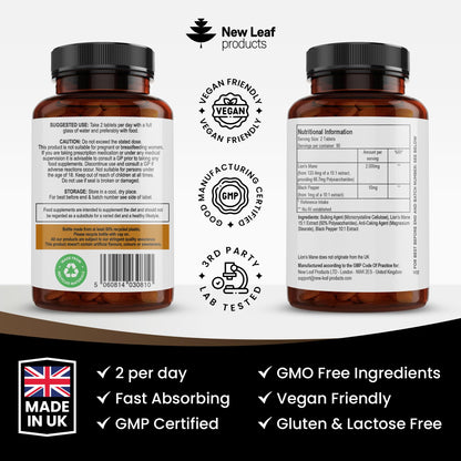 Lions Mane Mushroom Extract Supplement 2000mg - 180 High Strength Vegan Tablets - Maple Wellness Supplements
