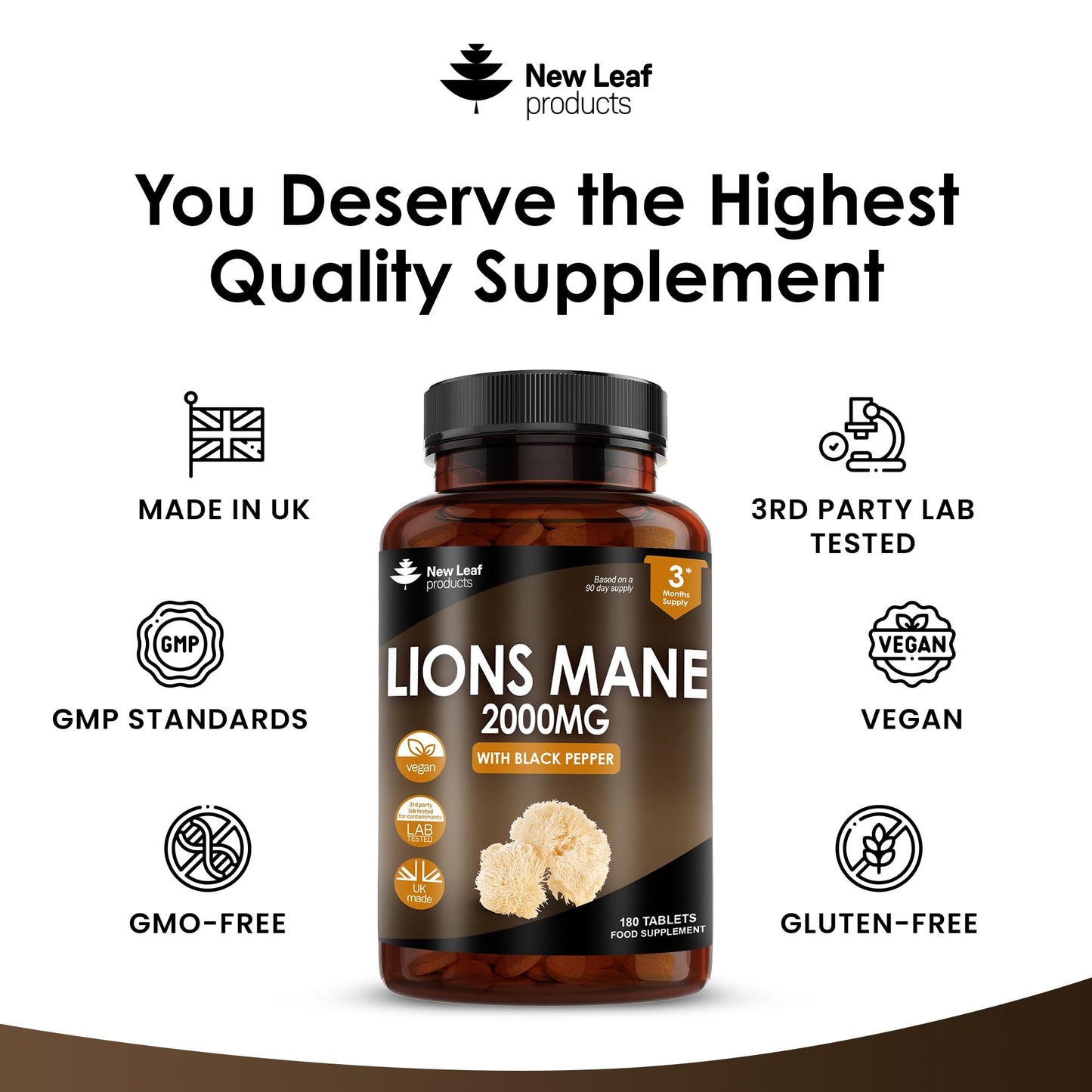 Lions Mane Mushroom Extract Supplement 2000mg - 180 High Strength Vegan Tablets - Maple Wellness Supplements