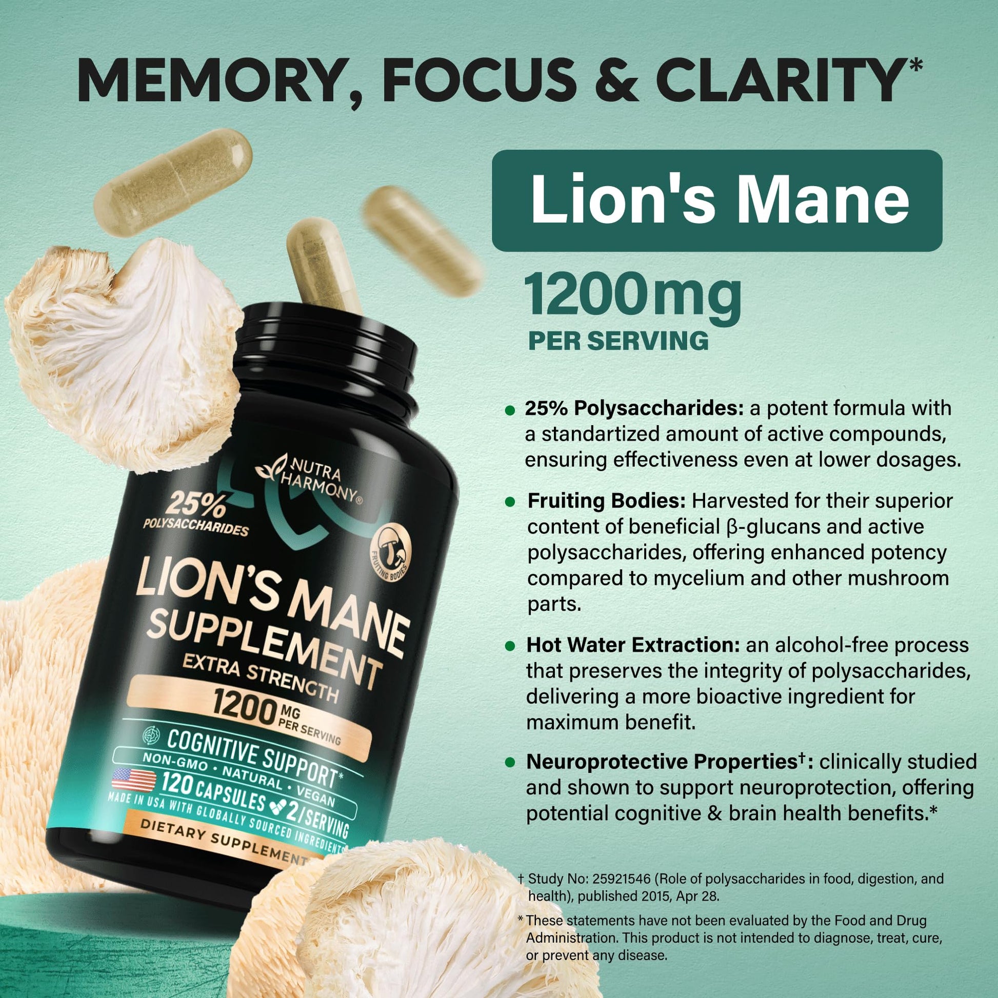 Lions Mane Supplement Capsules - Organic Lions Mane - Made in USA - Fruiting Bodies Extract - 1200 mg, 25% Polysaccharides - Memory & Focus Support - Maple Wellness Supplements