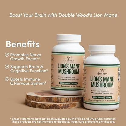 Lions Mane Supplement Mushroom Capsules (Two Month Supply - 120 Count) for Brain - Maple Wellness Supplements