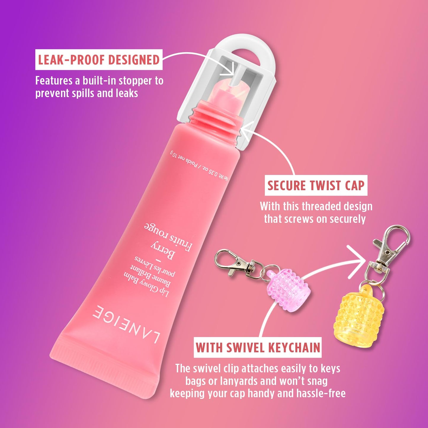 Lip Balm Keychain Cap for Laneige, Summer Friday and Glossier, Lip Balm Holder for Lanyard or Bag, Lip Gloss Keychain for Women,Replacement Cap with Stopper Prevent Spills - Maple Wellness Supplements