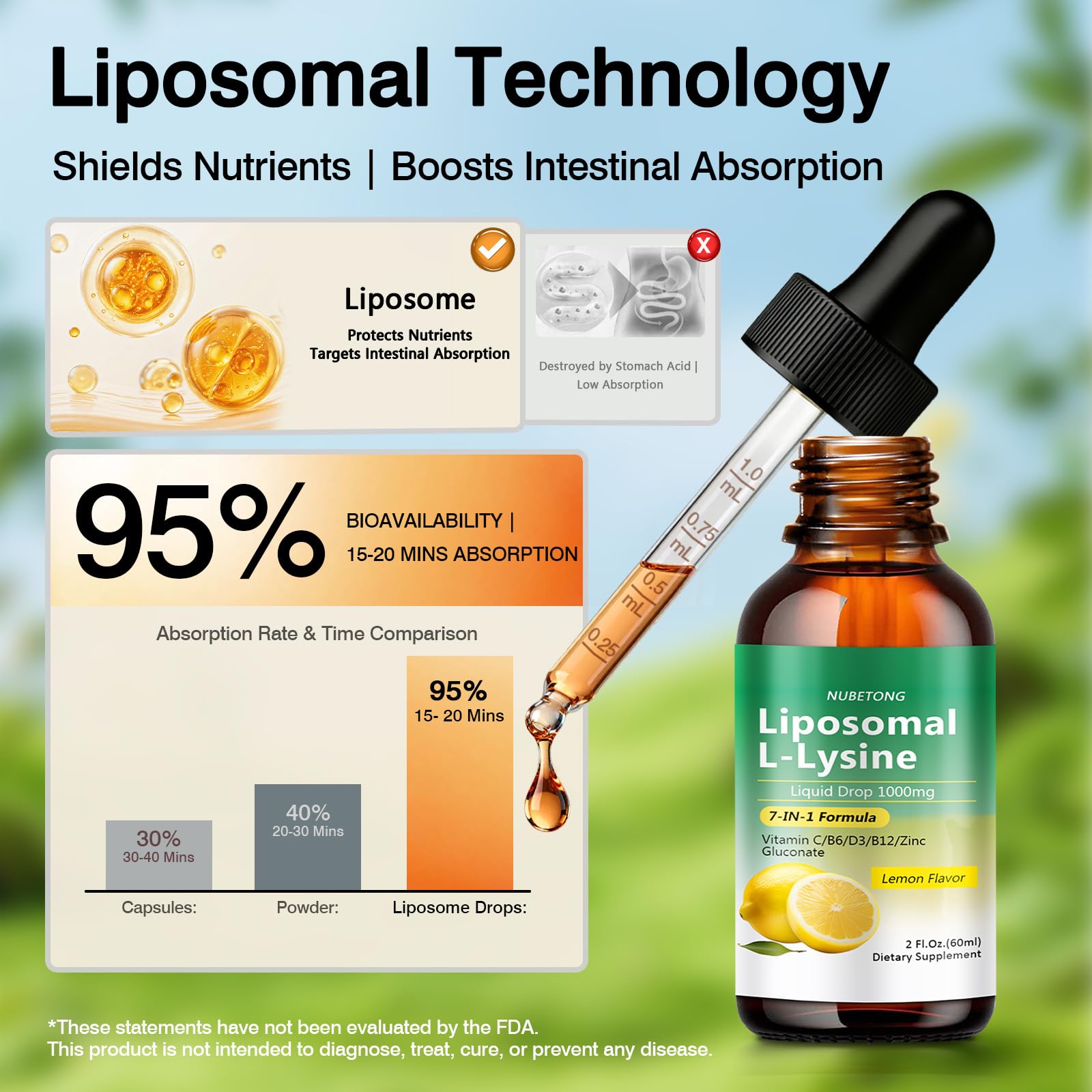 Liposomal L-Lysine 1000mg Liquid Drops, 7-in-1 Lysine Supplement for Adults with Vitamin C/B6/D3/B12 & Zinc Gluconate, Immune Support, Collagen Synthesis & Skin Lip Health, Lemon Flavor, 2 Fl Oz - Maple Wellness Supplements