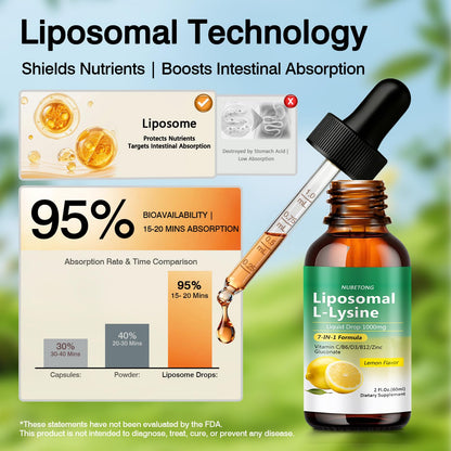 Liposomal L-Lysine 1000mg Liquid Drops, 7-in-1 Lysine Supplement for Adults with Vitamin C/B6/D3/B12 & Zinc Gluconate, Immune Support, Collagen Synthesis & Skin Lip Health, Lemon Flavor, 2 Fl Oz - Maple Wellness Supplements