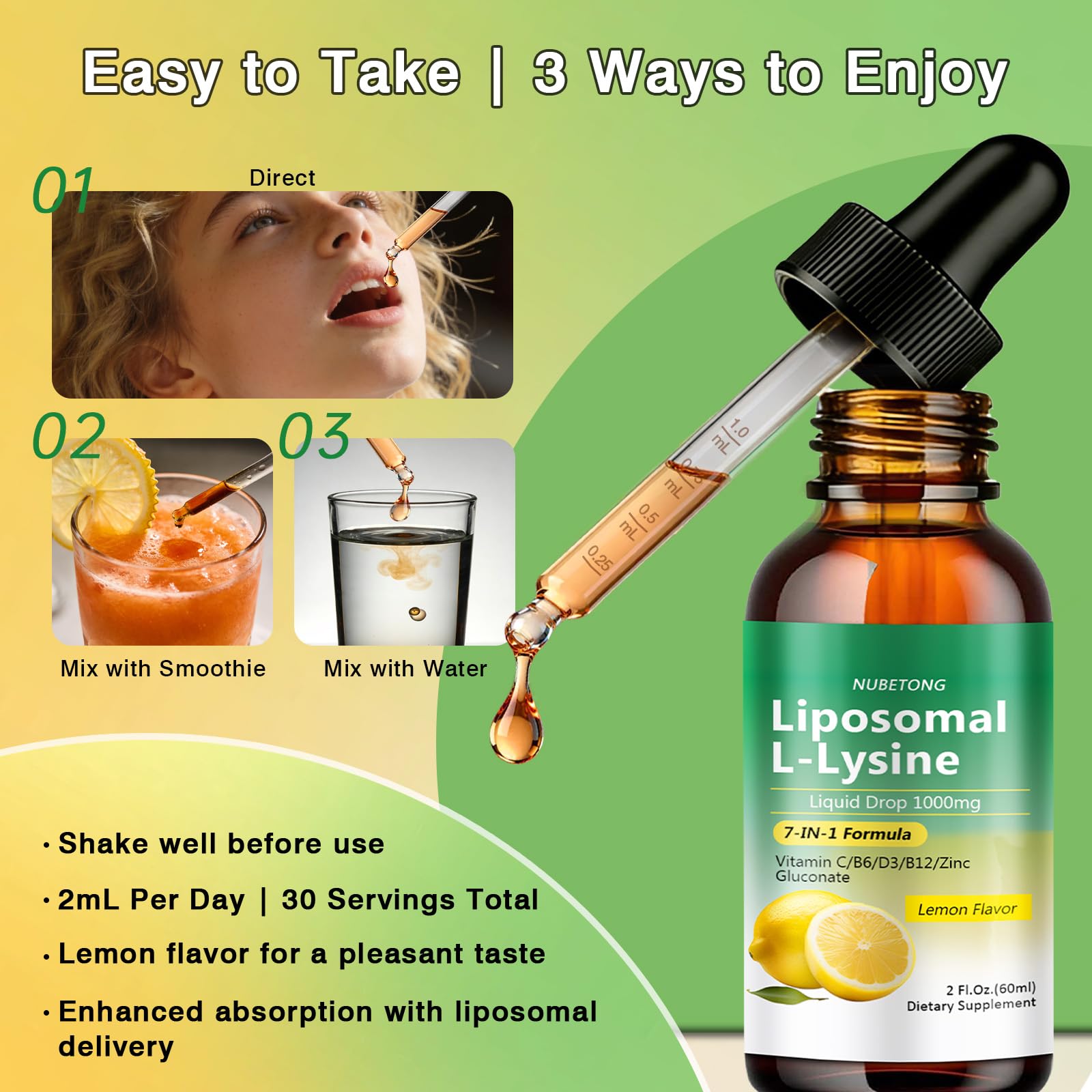 Liposomal L-Lysine 1000mg Liquid Drops, 7-in-1 Lysine Supplement for Adults with Vitamin C/B6/D3/B12 & Zinc Gluconate, Immune Support, Collagen Synthesis & Skin Lip Health, Lemon Flavor, 2 Fl Oz - Maple Wellness Supplements