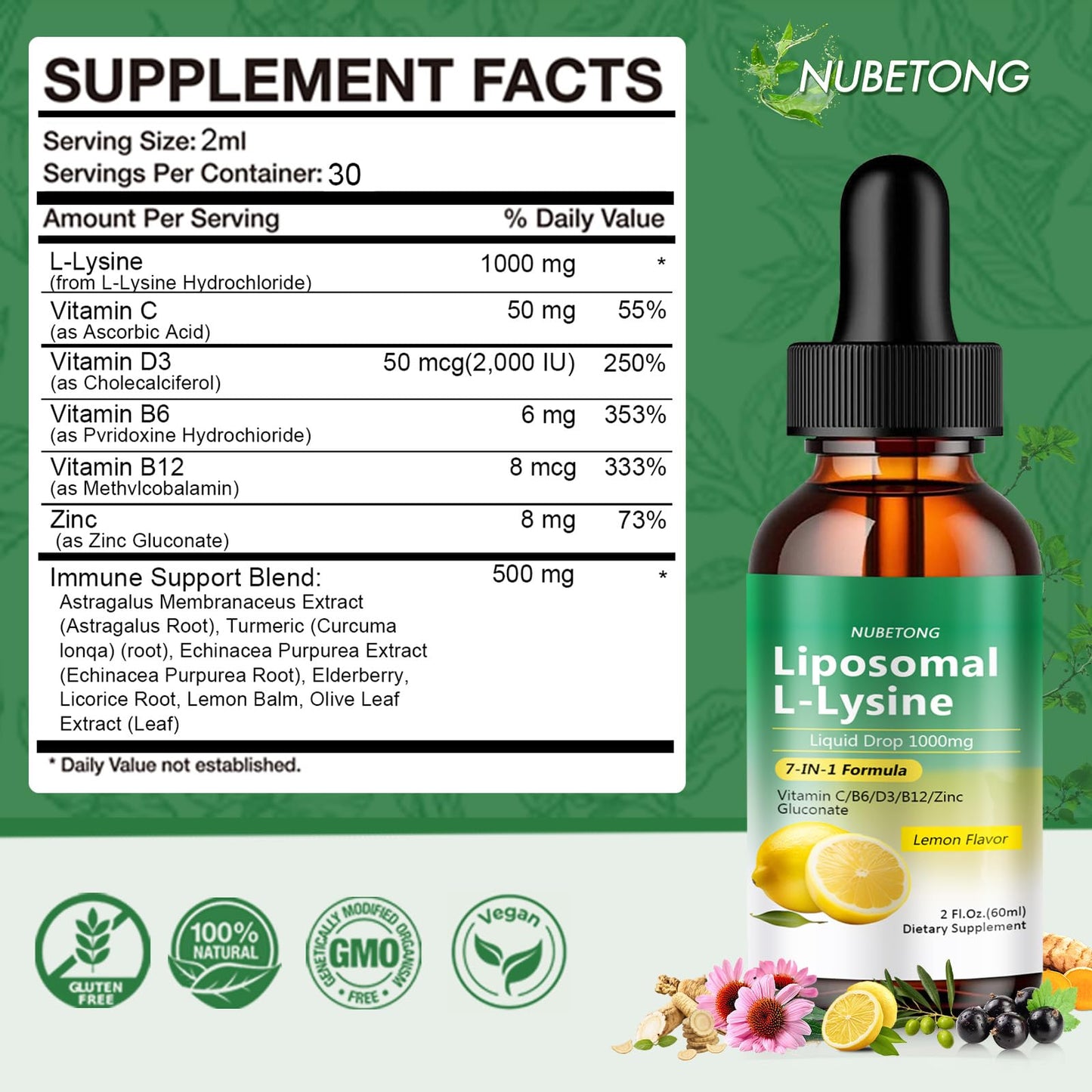Liposomal L-Lysine 1000mg Liquid Drops, 7-in-1 Lysine Supplement for Adults with Vitamin C/B6/D3/B12 & Zinc Gluconate, Immune Support, Collagen Synthesis & Skin Lip Health, Lemon Flavor, 2 Fl Oz - Maple Wellness Supplements