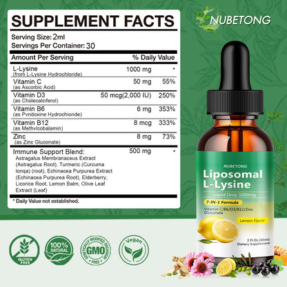 Liposomal L-Lysine 1000mg Liquid Drops, 7-in-1 Lysine Supplement for Adults with Vitamin C/B6/D3/B12 & Zinc Gluconate, Immune Support, Collagen Synthesis & Skin Lip Health, Lemon Flavor, 2 Fl Oz - Maple Wellness Supplements