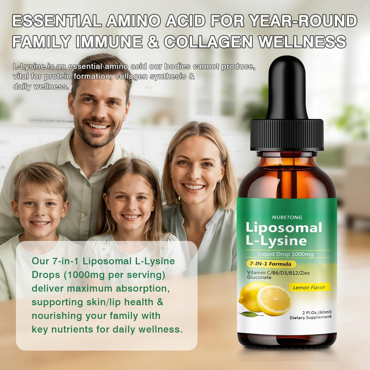 Liposomal L-Lysine 1000mg Liquid Drops, 7-in-1 Lysine Supplement for Adults with Vitamin C/B6/D3/B12 & Zinc Gluconate, Immune Support, Collagen Synthesis & Skin Lip Health, Lemon Flavor, 2 Fl Oz - Maple Wellness Supplements
