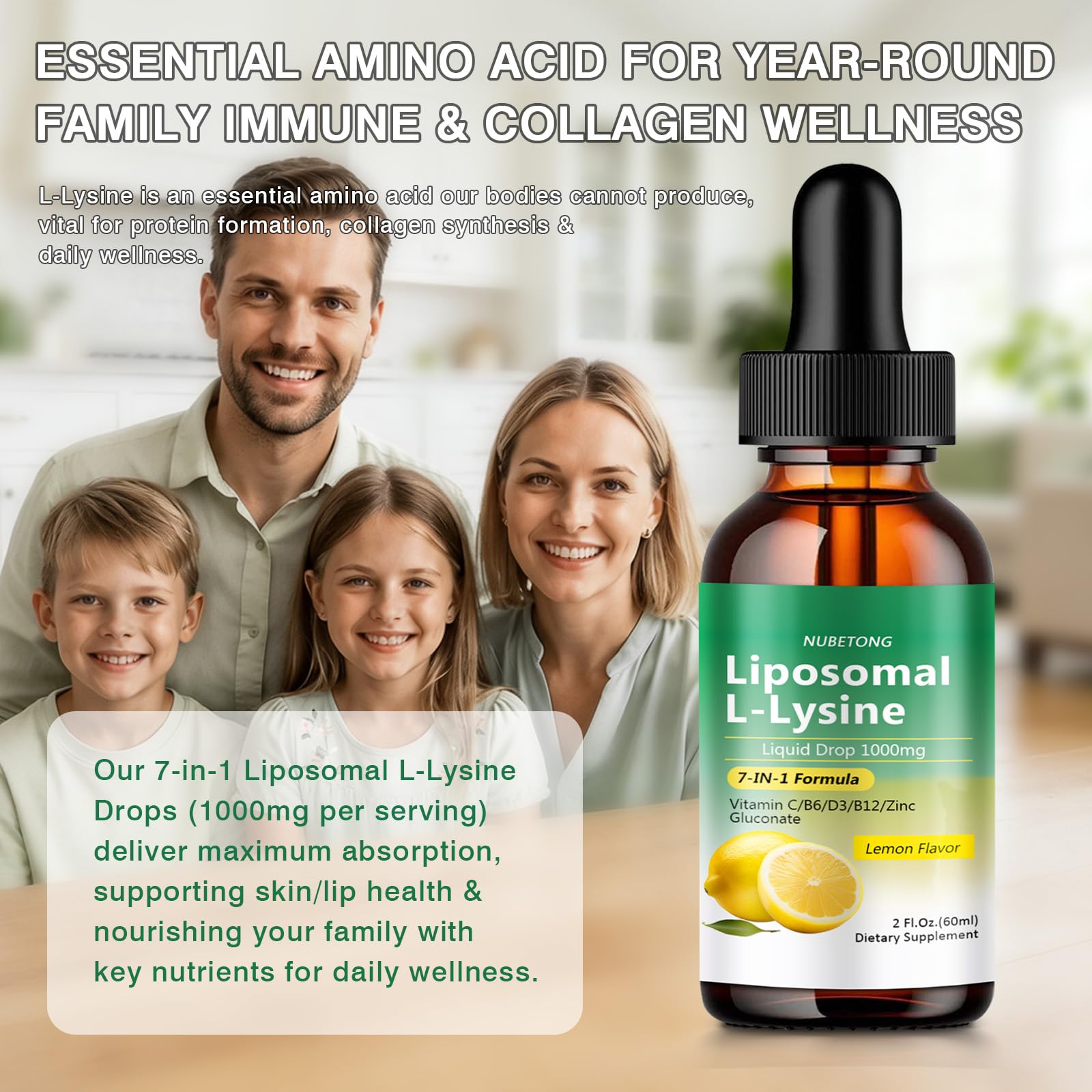 Liposomal L-Lysine 1000mg Liquid Drops, 7-in-1 Lysine Supplement for Adults with Vitamin C/B6/D3/B12 & Zinc Gluconate, Immune Support, Collagen Synthesis & Skin Lip Health, Lemon Flavor, 2 Fl Oz - Maple Wellness Supplements
