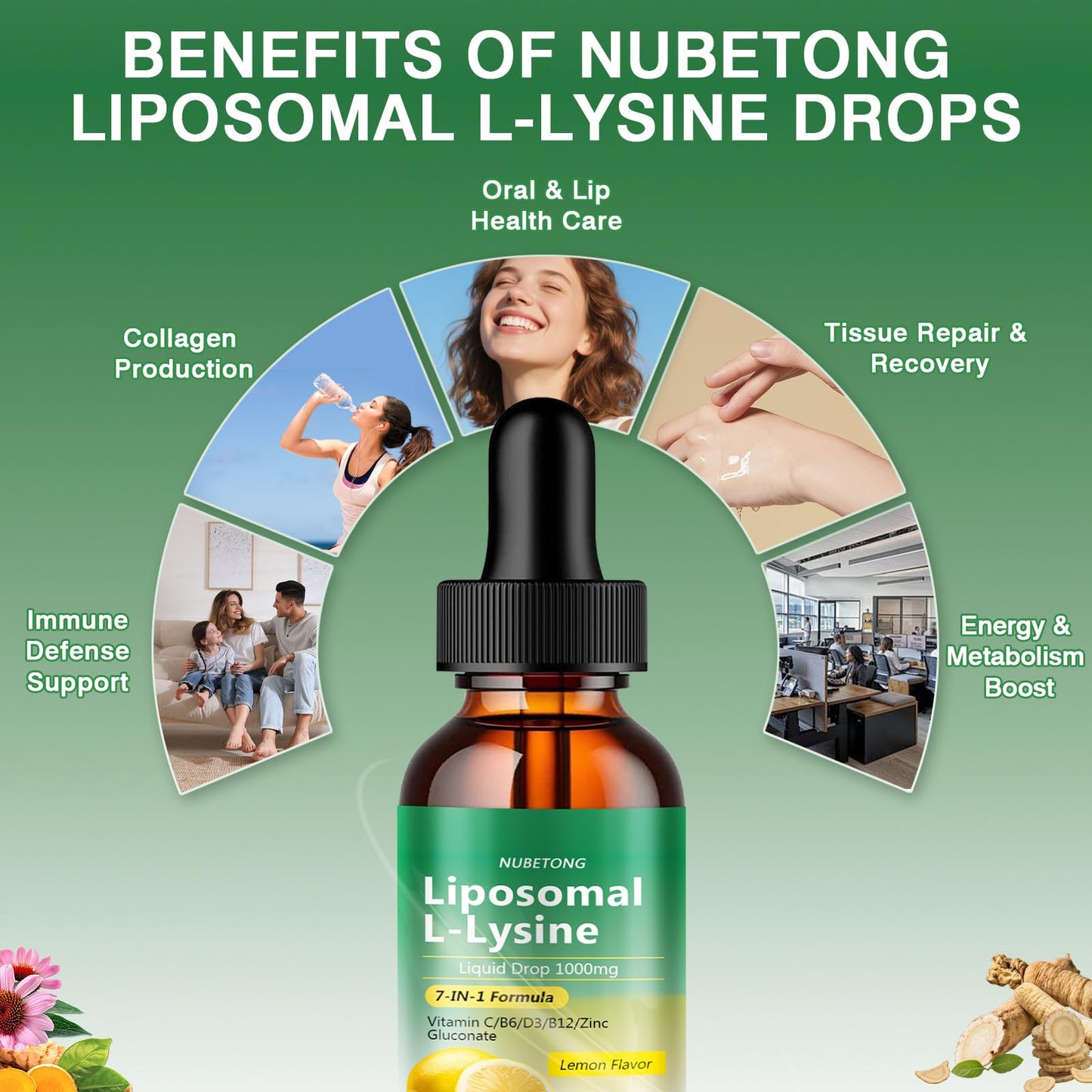 Liposomal L-Lysine 1000mg Liquid Drops, 7-in-1 Lysine Supplement for Adults with Vitamin C/B6/D3/B12 & Zinc Gluconate, Immune Support, Collagen Synthesis & Skin Lip Health, Lemon Flavor, 2 Fl Oz - Maple Wellness Supplements