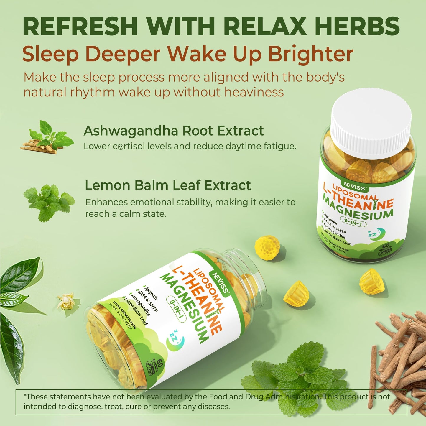 Liposomal L-Theanine 200mg Magnesium Glycinate 400mg Gummies with GABA, 5HTP, Apigenin, Vitamin B6 & D3, Ashwagandha, Lemon Balm Leaf, Melatonin Free Sleep - Maple Wellness Supplements