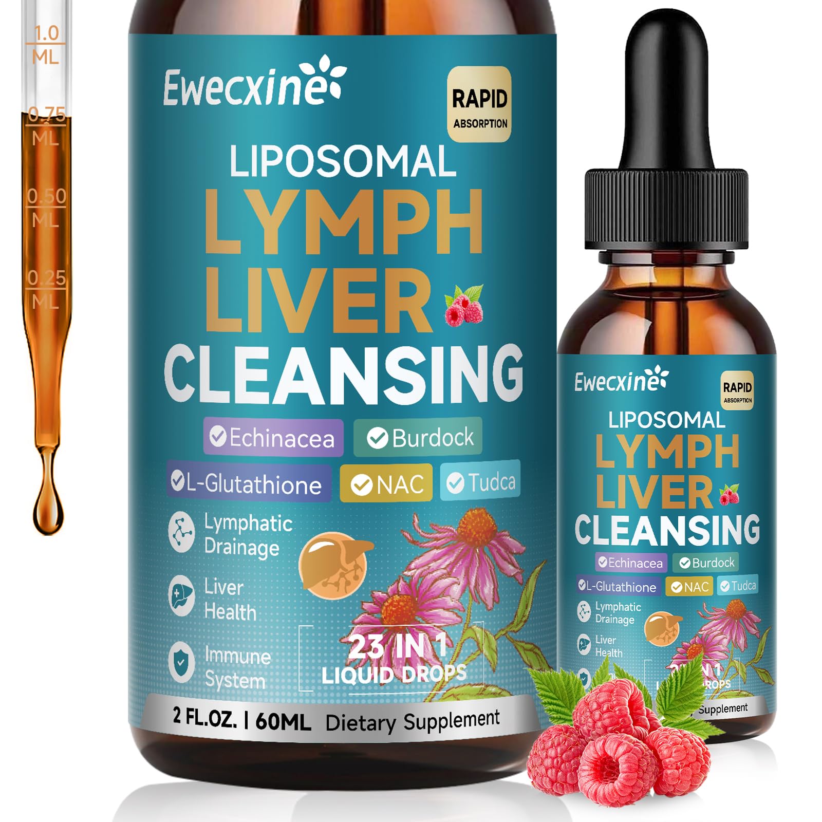 Liposomal Lymphatic Drainage & Liver Cleanse Drops, 23-in-1 with Echinacea, NAC, TUDCA, L-Glutathione, Burdock for Lymph, Liver Detox & Repair, Immune Support, Raspberry Flavor, 2 fl oz Supplement - Maple Wellness Supplements