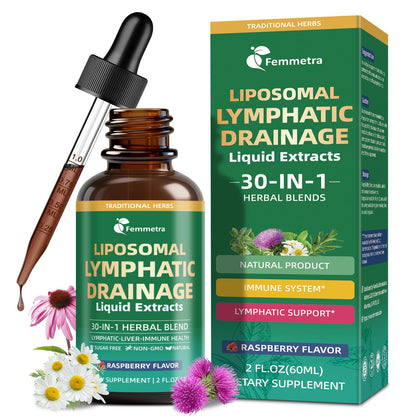 Liposomal Lymphatic Drainage Supplements with 30-in-1 Herbal Blend - Echinacea | Oregano | Milk Thistle - Sugar Free Lymph System Drops - Immune Support, Cleanse & Detox, Raspberry Flavor, 2 fl oz - Maple Wellness Supplements