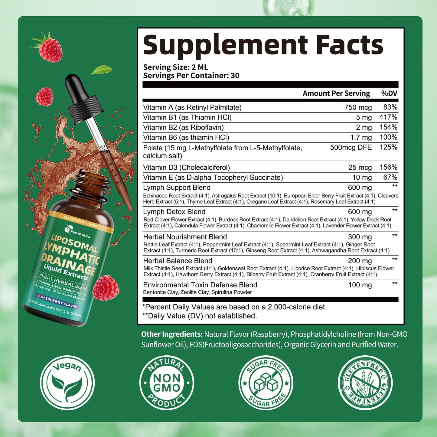 Liposomal Lymphatic Drainage Supplements with 30-in-1 Herbal Blend - Echinacea | Oregano | Milk Thistle - Sugar Free Lymph System Drops - Immune Support, Cleanse & Detox, Raspberry Flavor, 2 fl oz - Maple Wellness Supplements