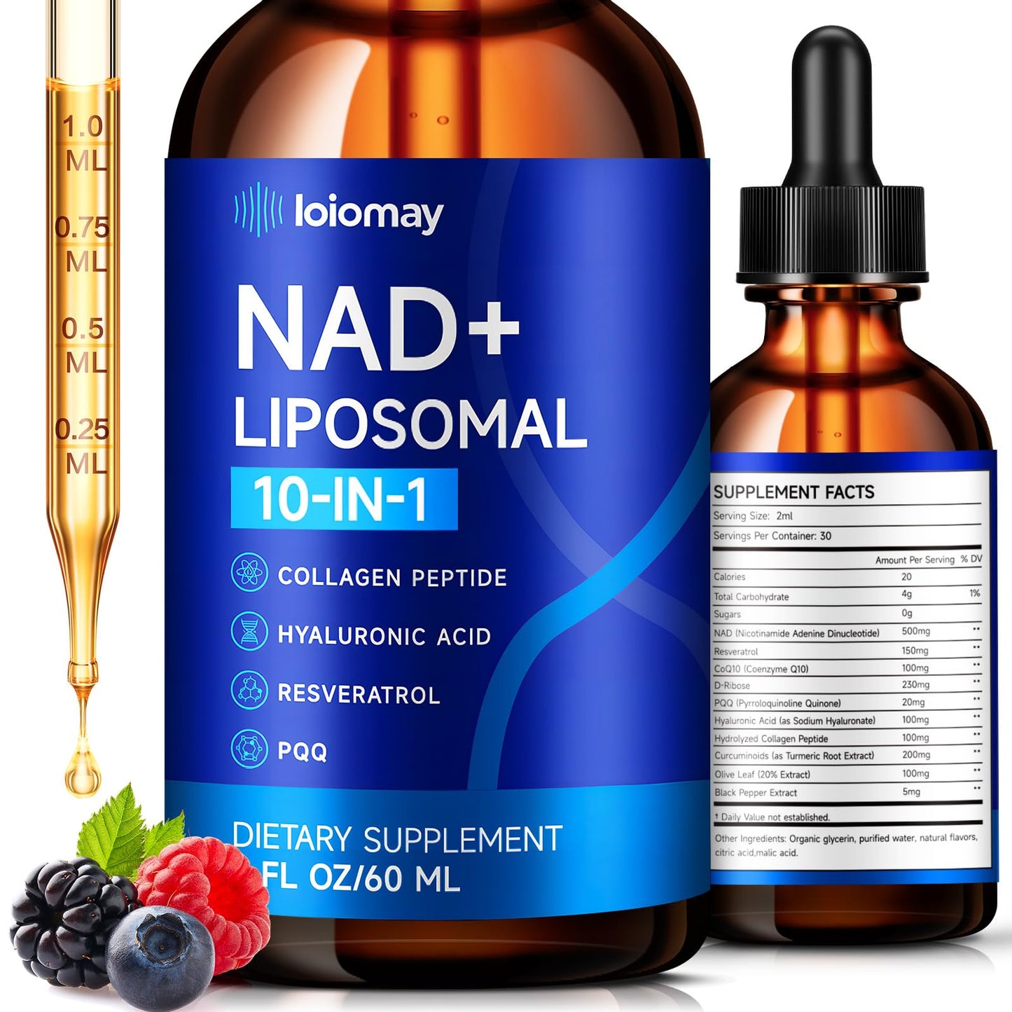 Liposomal NAD Liquid Supplement - 1500mg NAD+ Drops for Women & Men with Resveratrol & Nicotinamide Riboside, PQQ, Collagen & Turmeric for Anti-Aging & Longevity, Cellular Energy Health, 2 Fl Oz - Maple Wellness Supplements