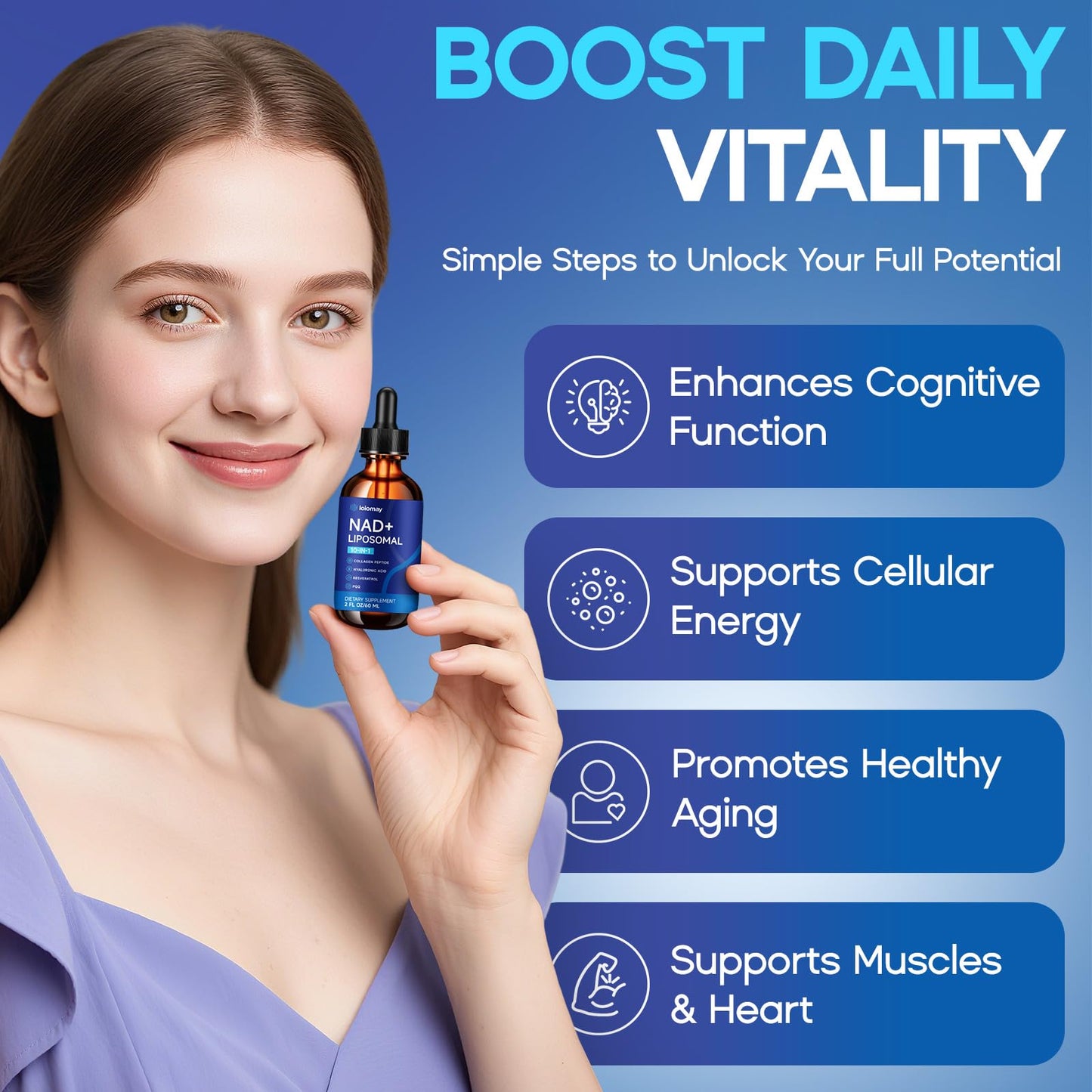 Liposomal NAD Liquid Supplement - 1500mg NAD+ Drops for Women & Men with Resveratrol & Nicotinamide Riboside, PQQ, Collagen & Turmeric for Anti-Aging & Longevity, Cellular Energy Health, 2 Fl Oz - Maple Wellness Supplements