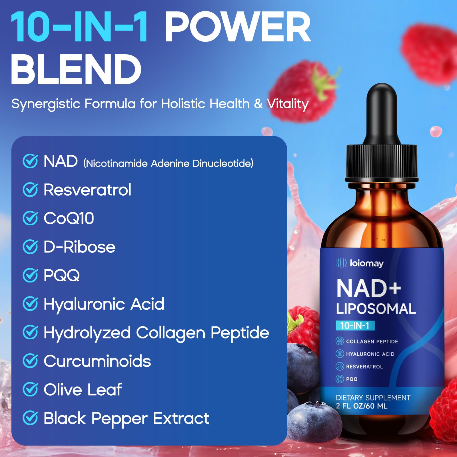 Liposomal NAD Liquid Supplement - 1500mg NAD+ Drops for Women & Men with Resveratrol & Nicotinamide Riboside, PQQ, Collagen & Turmeric for Anti-Aging & Longevity, Cellular Energy Health, 2 Fl Oz - Maple Wellness Supplements