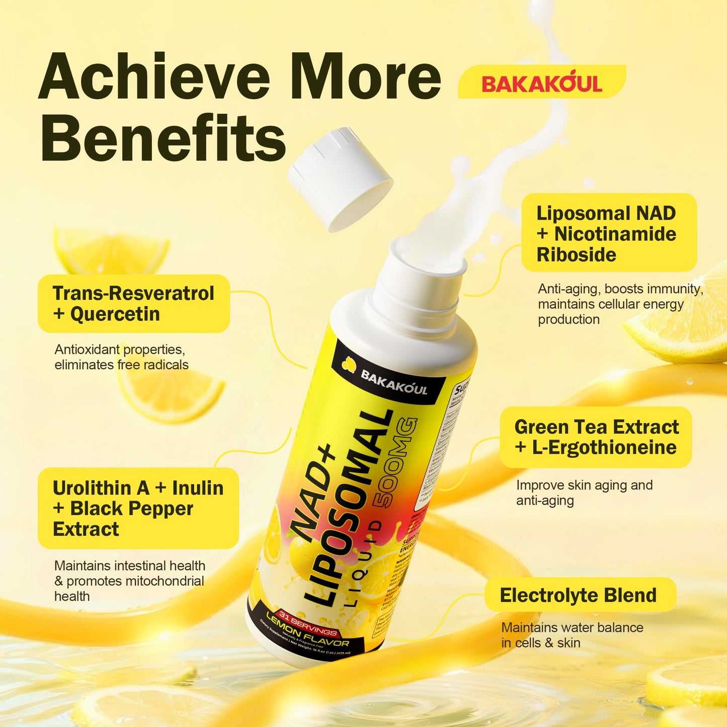 Liposomal NAD+ Liquid Supplement - Designed to Help Support Absorption - Nhanced Cellular Uptake, Helps Support Normal Cellular Health, Supports Cellular Energy Metabolism and Vitality - Lemon Flavor - Maple Wellness Supplements