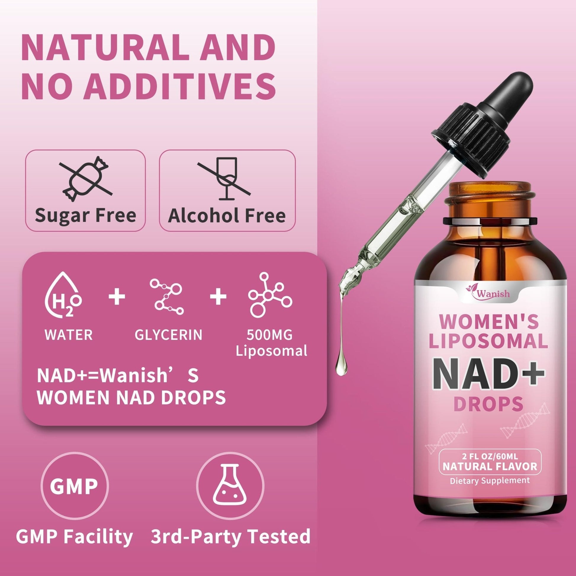 Liposomal NAD Liquid Supplement for Women, Pure 500mg NAD Nicotinamide - Cell Regeneration，Energy & Metabolism Support, Vegan,Sugar Free，Additives Free，2 Fl Oz - Maple Wellness Supplements