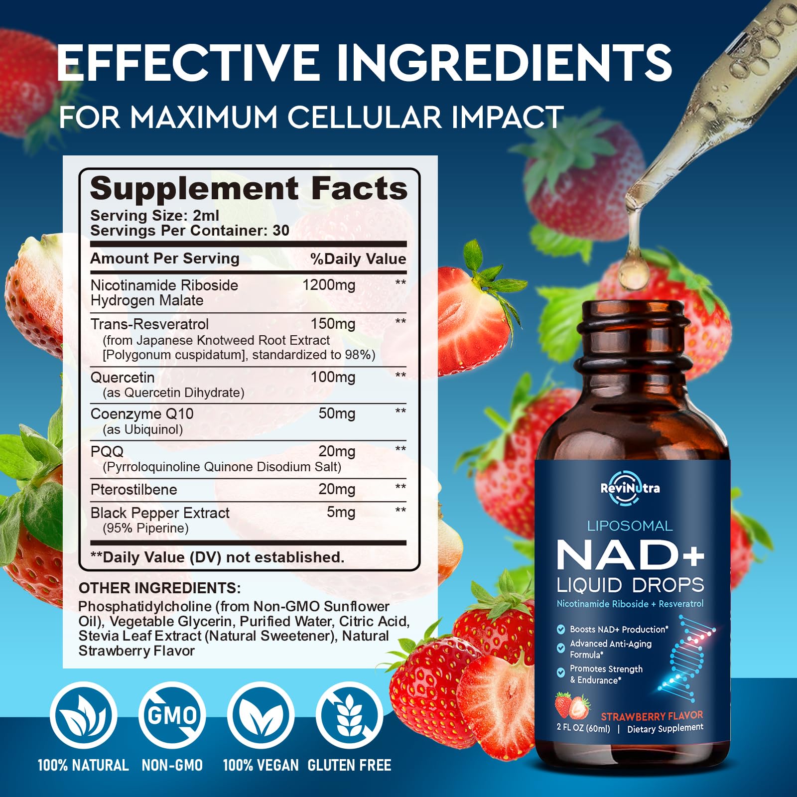 Liposomal NAD+ Liquid Supplement, Nad Resveratrol Supplement for Women & Men, Nicotinamide Riboside with PQQ, CoQ10, Quercetin for Anti-Aging, Brain, Cellular Energy Health, Strawberry Flavor, 2 Fl Oz - Maple Wellness Supplements