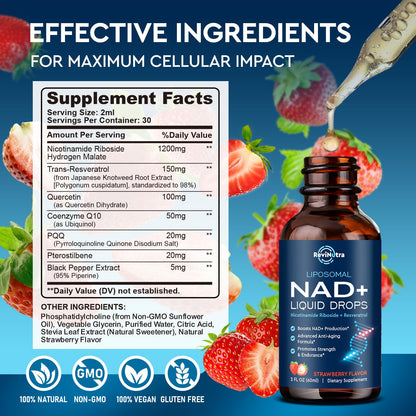 Liposomal NAD+ Liquid Supplement, Nad Resveratrol Supplement for Women & Men, Nicotinamide Riboside with PQQ, CoQ10, Quercetin for Anti-Aging, Brain, Cellular Energy Health, Strawberry Flavor, 2 Fl Oz - Maple Wellness Supplements
